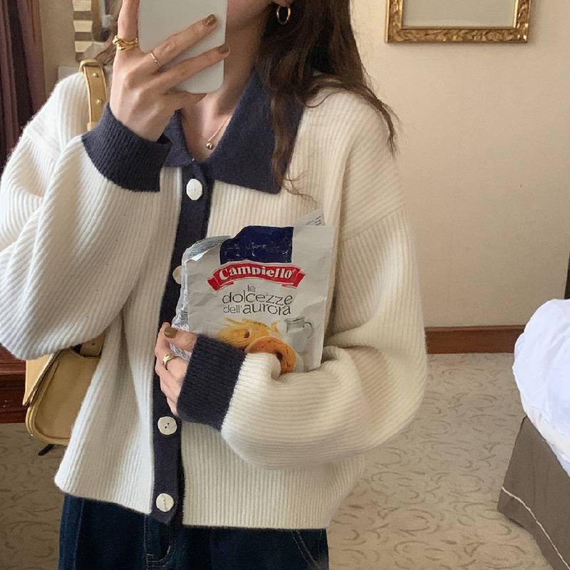 

Осенне-зимний ретро кардиган с контрастной вязкой и лацканами, женский свободный свитер с длинными рукавами в стиле ленивой небрежности one size fits all