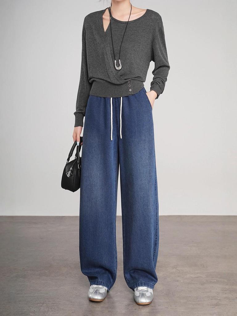 2026 Spring/Autumn Women's Retro Lyocell Denim Wide-Leg Pants - Trendy Elastic Baggy Banana Leg Style