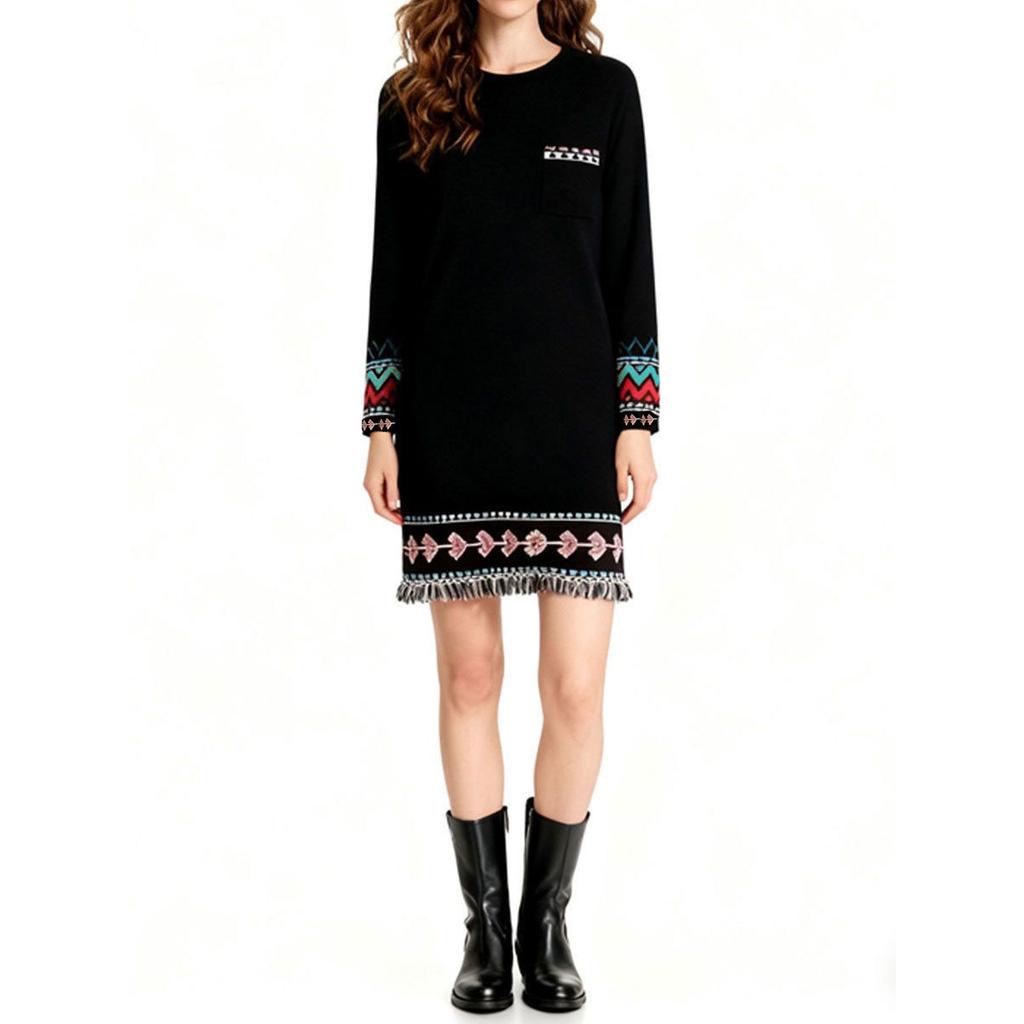 Damen Schwarzes Strickkleid Lässiges Kleid im Vintage-Stil Pullover Herbstmode Warme Kleidung