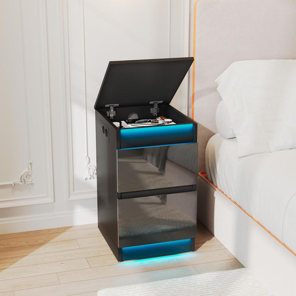 Zwart nachtkastje - nachtkastje met verlichting - dubbele lades - houten bijzettafel - geschikt voor de slaapkamer (35x40x60 cm)