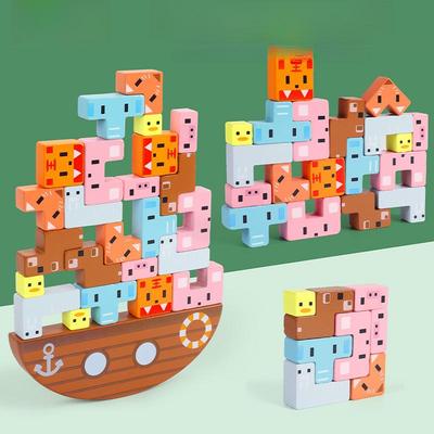Balancierboot und Stapelspiel aus Holz mit Tiermotiven für Kinder