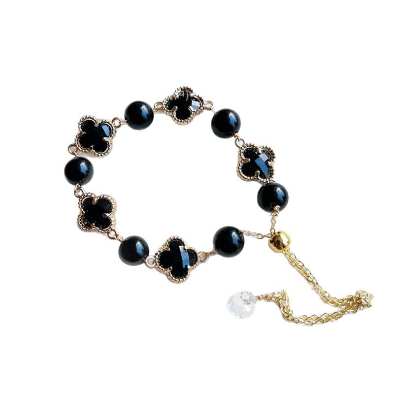 Bracelet Tour de Cristal Jaune Citrine Naturelle avec Motif Trèfle à Quatre Feuilles - Cadeau Luxe Léger Automne/Hiver pour Femmes
