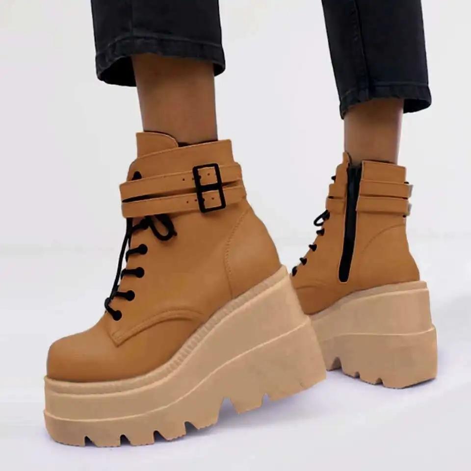 Botas Women Motorcycle Winter Buckle Ankel Boots Women Punk Female Platform Boots Wedges High Heels PU Women Boots Botas Mujer