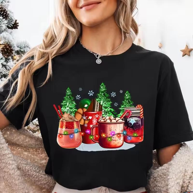 Christmas Style Wine Glasses Fashionable Creative Prints Women's Comfortable Loose Oversized Casual T-shirt