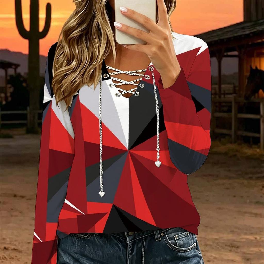 Women Plus Size Floral Print Lace Up V Neck Long Sleeve Daily Casual Top