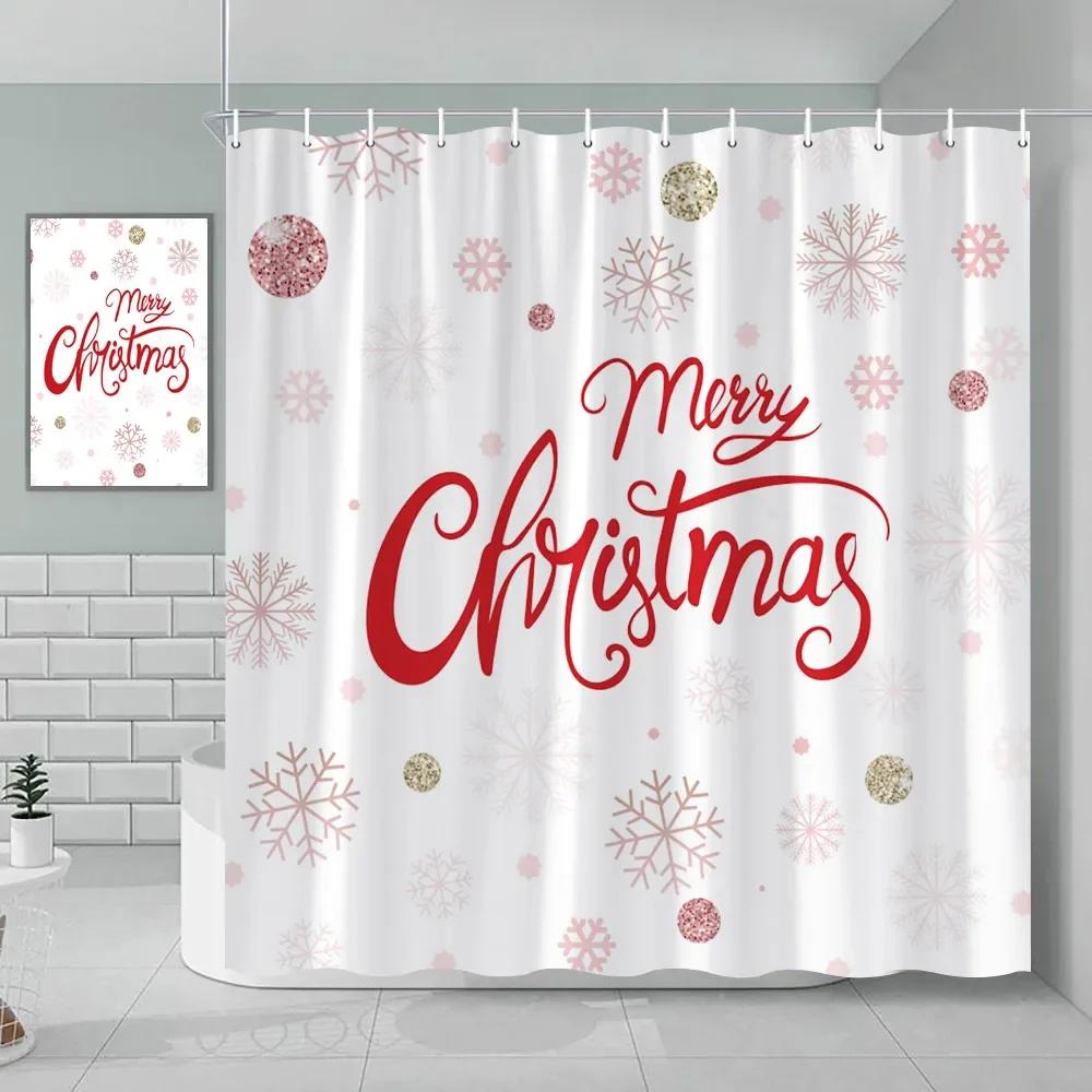 GAEChristmas Shower Curtain Pink Snowman Santa Claus Animal Christmas Tree Deer Flamingo Cat Dog Christmas Ball Bathroom Decor 90x180cm