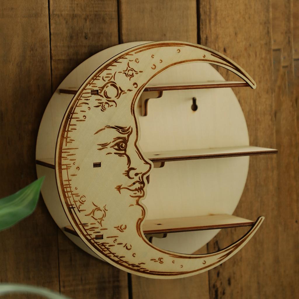 Holzregal Mondgesicht Ausstellungsständer Schweberegal Wanddeko Wandregal Boho Heimdekoration Kristallhalter Wandorganisator