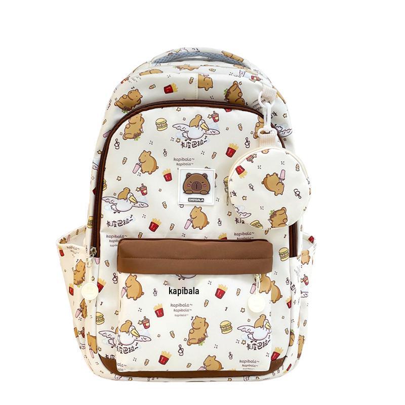 

Capybara Cartoon Print Backpack for Girls - Large Capacity, Lightweight, Double Shoulder School Bag Includes small bag pendant грязно-белый