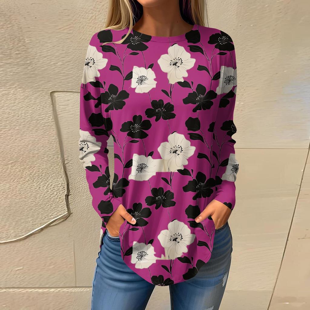 Women's  Loose Casual Flower Printed Round Neck Long Sleeved T Shirt Top Pullover Long Sleeved Sweatshirt