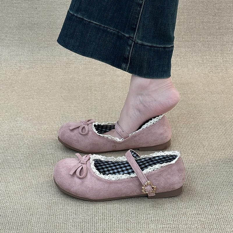 Fashion retro gentle bow Mary Jane single shoes women's 2025 summer new one-word buckle lace ballet shoes