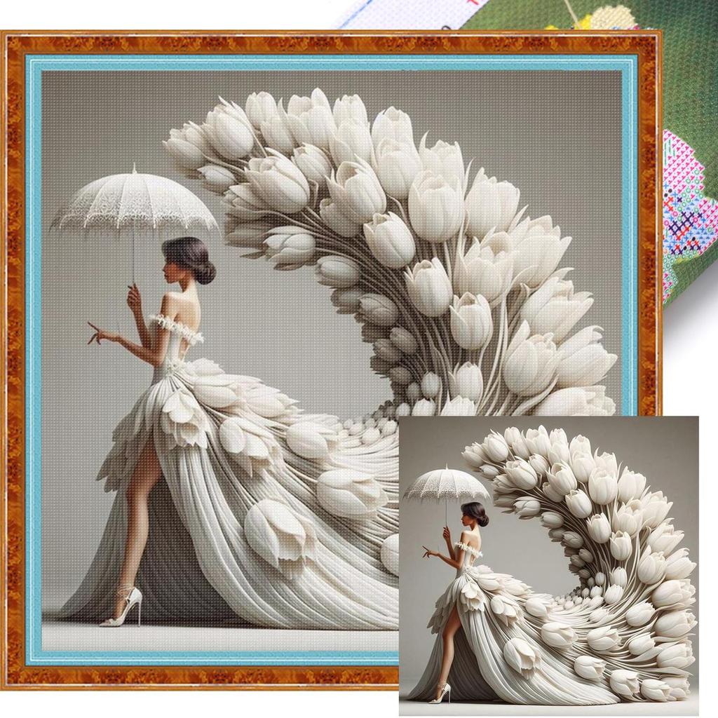 Girl Printed Cross Stitch Kit 45x45cm DIY 11CT Embroidery Craft Set Home Decor