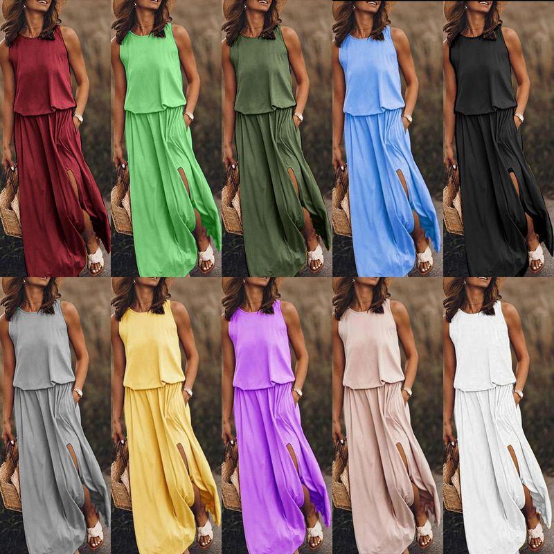 

2024 Simple Women s Round Neck Split Solid Color Dress Yellow 4XL
