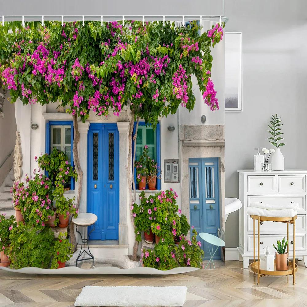 Greek Town Street View Shower Curtain Blue Wooden Doors Windows Flower Plant Wall Decor Bathroom Hanging Curtains Set With Hooks