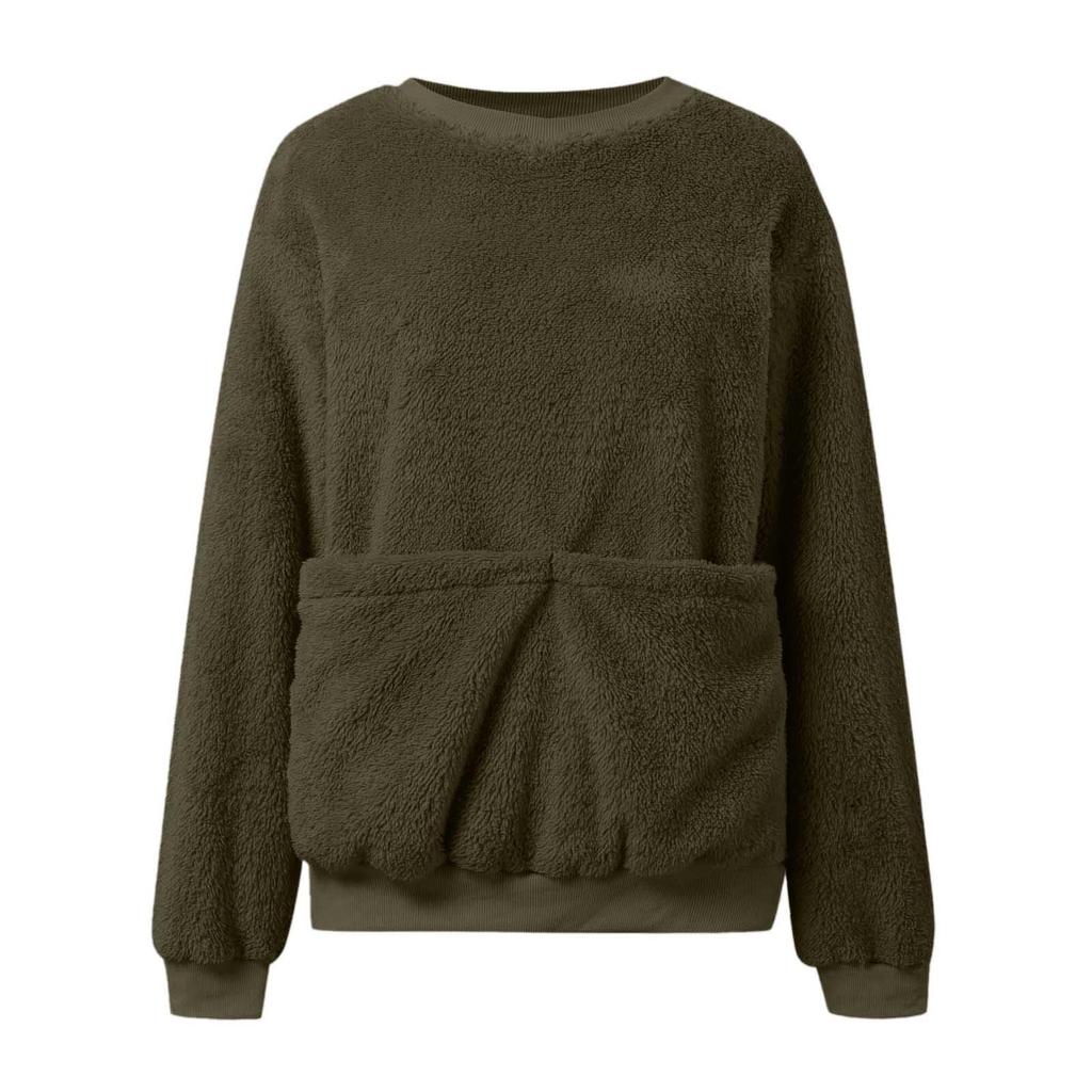 Women's Fashionable Solid Color Round Neck Long Sleeved Pocket Sports Shirt Plush Hoodie Top