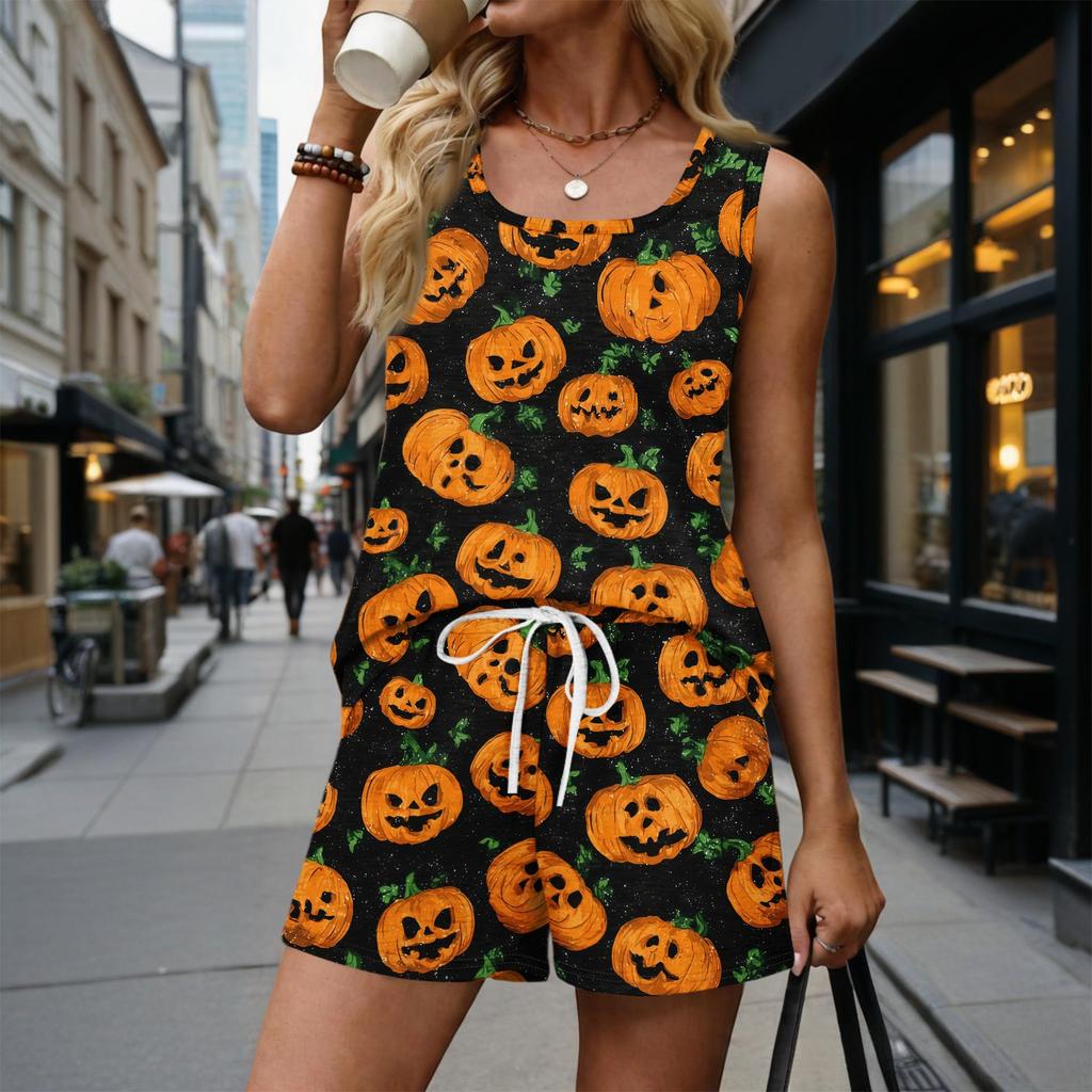 Women Sleeveless Tank Top and Shorts Set Casual Two Piece Outfit Square Neck Vintage Print Summer Lounge Wear with Pockets and Drawstring Waist