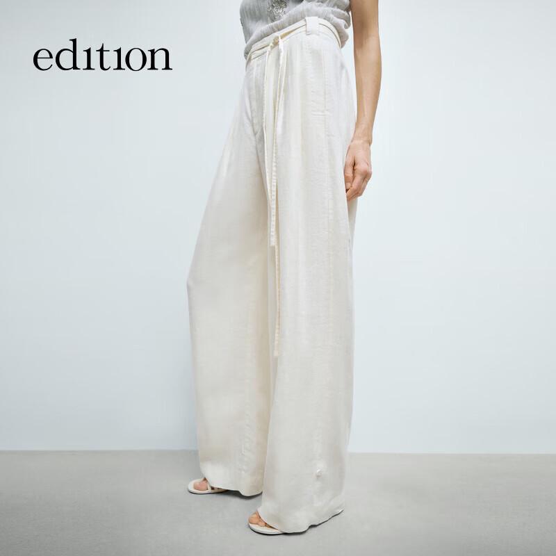 Edition Women's 2025 Spring Ramie-Linen Tie-Waist Wide-Leg Trousers