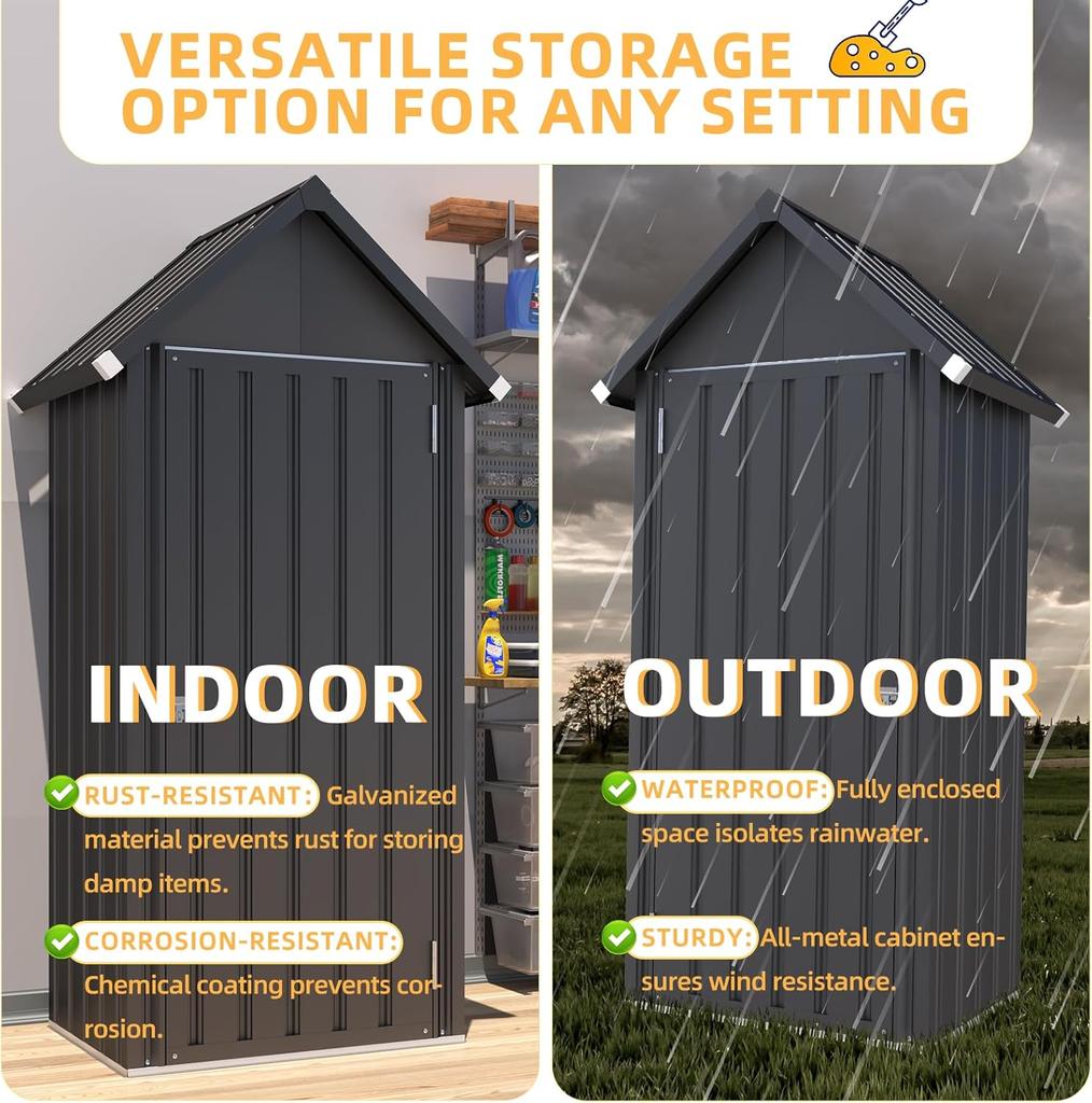 YODOLLA Garden Shed with Base and Lockable Lock, Galvanised Steel, 86 x 55 x 178 cm, Dark Gray