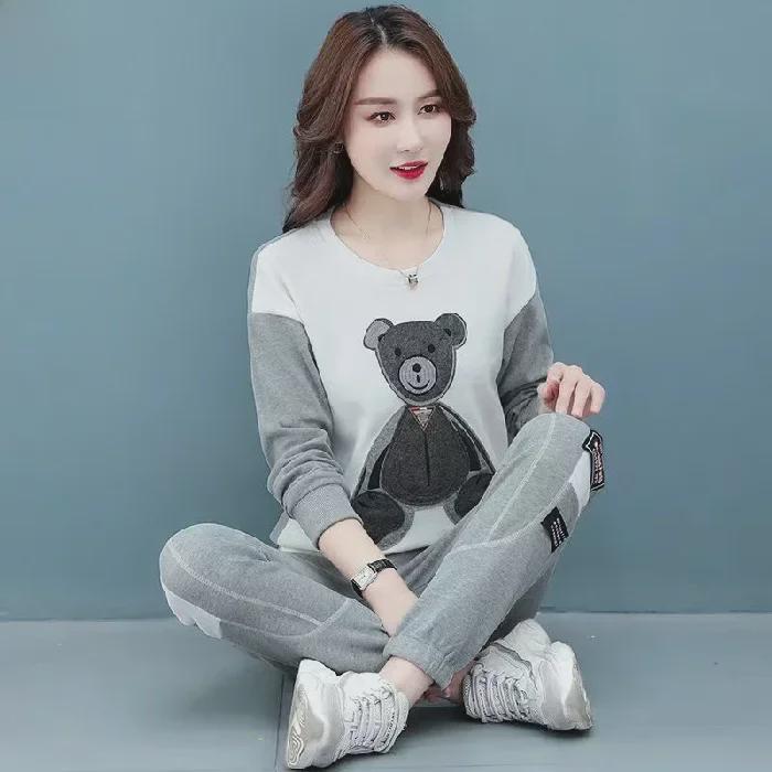 

Женский повседневный костюм-двойка в корейском стиле с медведем – свободный, облегающий, всесезонная мода для весны и осени M белый