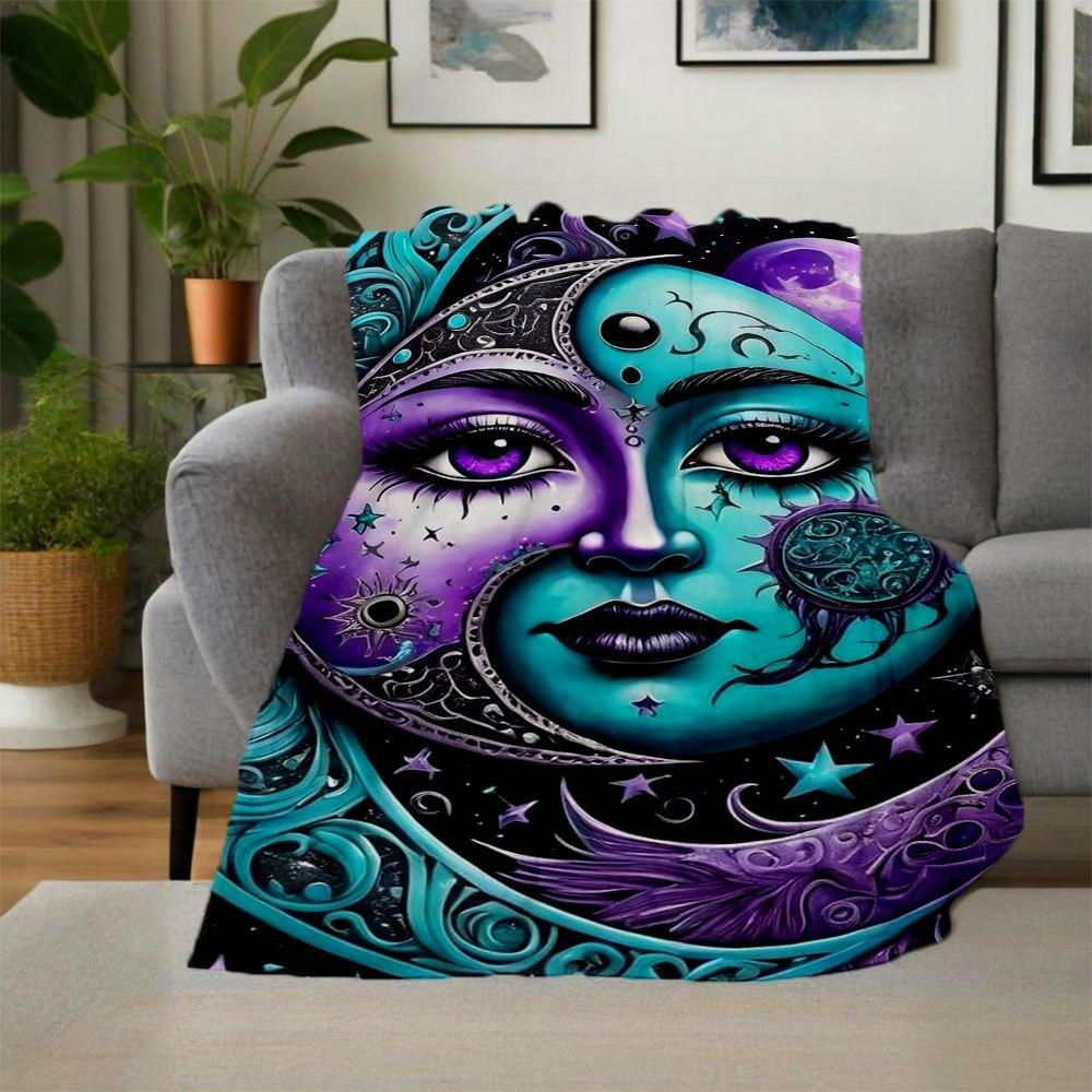 "Starry Night Moon Face Art Print - Celestial Wall Decor"Blanket Flannel Throw Blanket for Sofa, Bed, Travel, Camping, Office