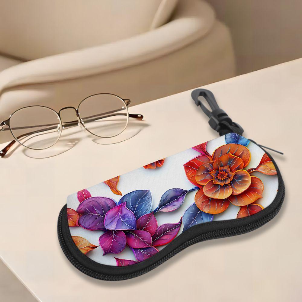 2D-Vibrant Floral Print Protective Eyewear Holder, Stylish Sunglasses Case, Portable Flower Pattern Spectacle Pouch, Travel Zipper Eyeglasses Box