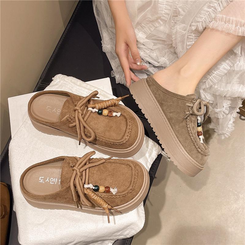 Baotou Half Slippers Women's Thick Soles 2025 New Heightening Birkenstock Slippers Retro Ethnic Style One-pedal Lazy Shoes