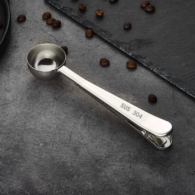 Stainless Steel Measuring Spoon Coffee Bean Spoon With Sealing Bag Clip Spice Milk Powder Scoop Baking Scale Spoon Kitchen Tool
