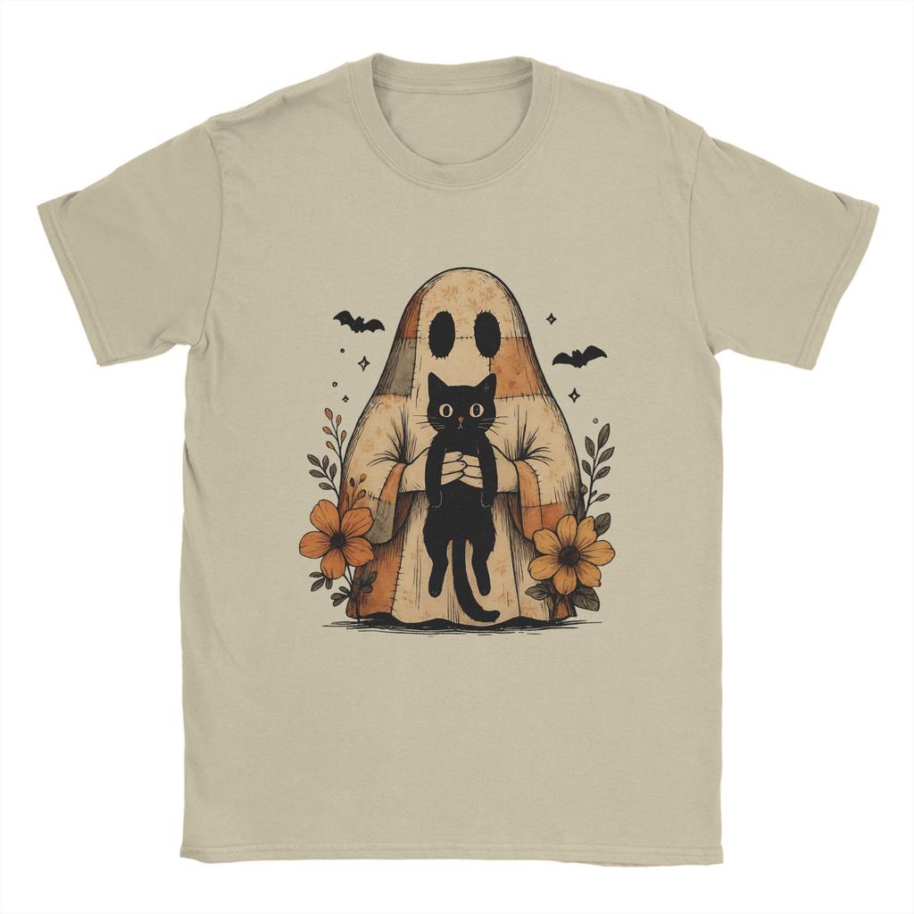 Ghost Cat Meme T Shirt Summer Halloween Ghost Holding Black Cat Cotton T-Shirts For Men's Tee Shirt Short-Sleeve Top Tees