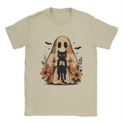 Ghost Cat Meme T Shirt Summer Halloween Ghost Holding Black Cat Cotton T-Shirts For Men's Tee Shirt Short-Sleeve Top Tees