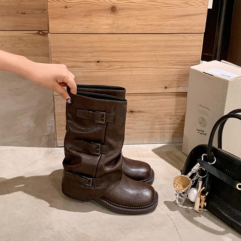 Su Yinyin, the same Spice Girl pant tube boots, thick-soled heightened medium tube belt buckle, western knight boots, black stacking boots for women