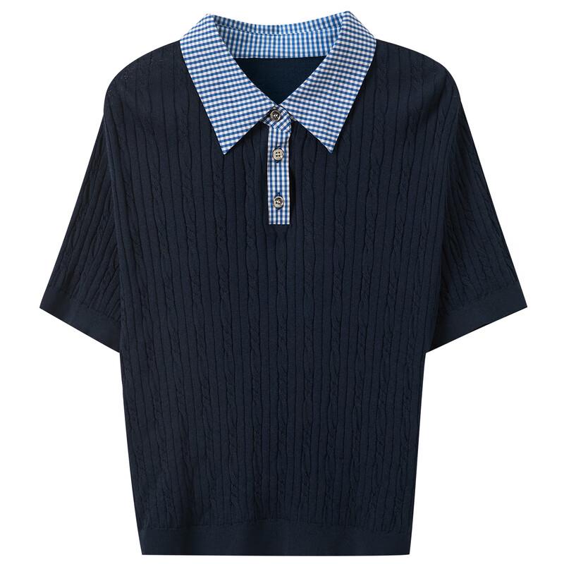 Sancai Women's 2025 Summer Slim-Fit Plaid Knit Polo Shirt