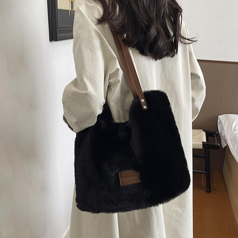 Yogodlns Women's Large Capacity Furry Tote Bag Commute Shoulder Bag Underarm Bag Soft Material Easy To Clean Vertical Square