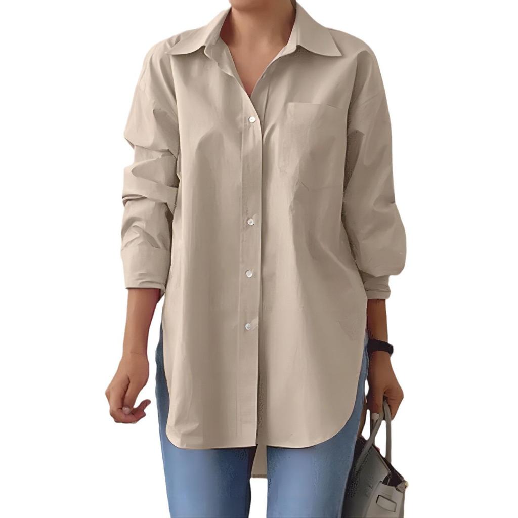 Women's Oversized Lapel Shirt - Elegant Long-Sleeve, Solid Color, Slit Hem for Spring and Autumn