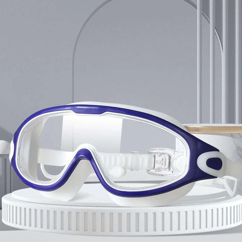 Big Frame Swimming Goggles Adults with Earplugs Swim Eyeglasses Men and Women Professional HD Anti-fog Goggles Silicone Eyewear