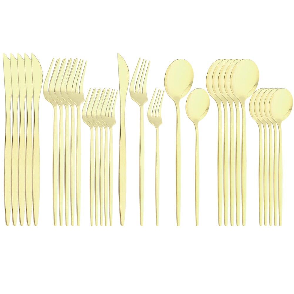 Mirror Dinnerware Set Stainless Steel 30Pcs Black Gold Tableware Knife Fork Spoon Dinner Set Cutlery Spoon Dessert Flatware Set
