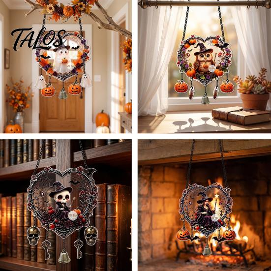 Creepy Skeleton Theme Decor Halloween Acrylic Love Heart Wreath Ornament, Cartoon Owl Ghost Witch Festive Hanging Decoration Decor, Party Pendant with