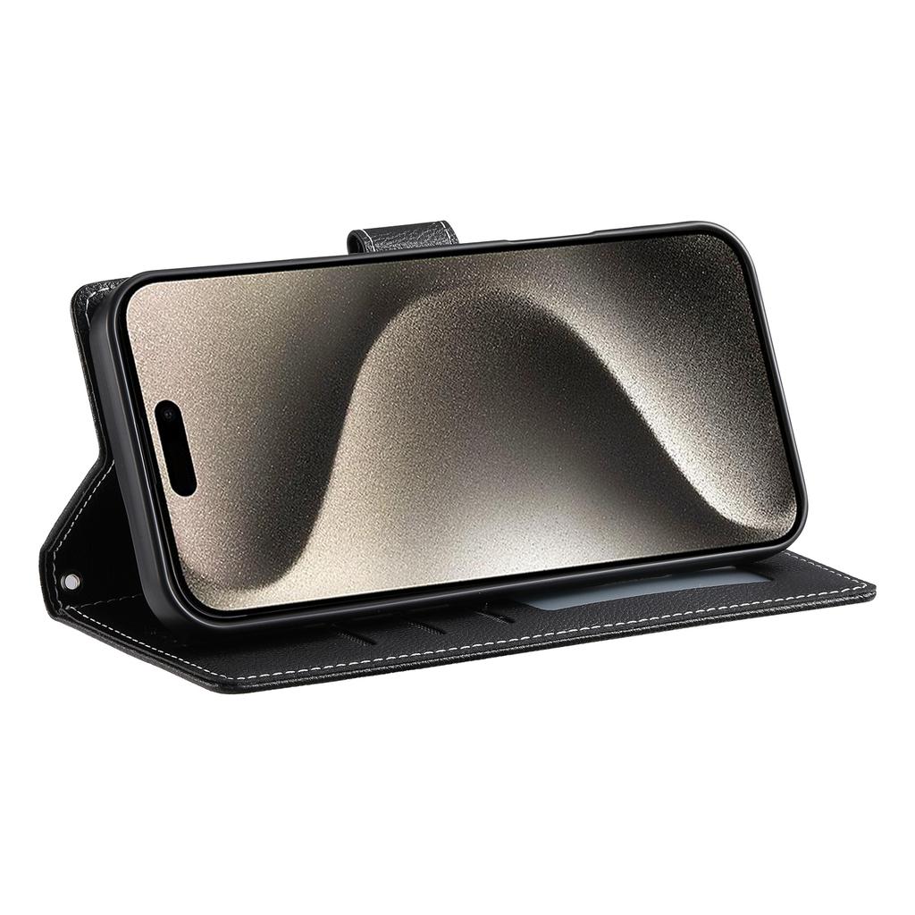 DF-012 For iPhone 15 Case Litchi Texture Leather Magnetic Clasp Wallet Stand Phone Cover