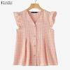 ZANZEA Women Casual V-Neck Ruffles Short Sleeve Plaid Print Blouse
