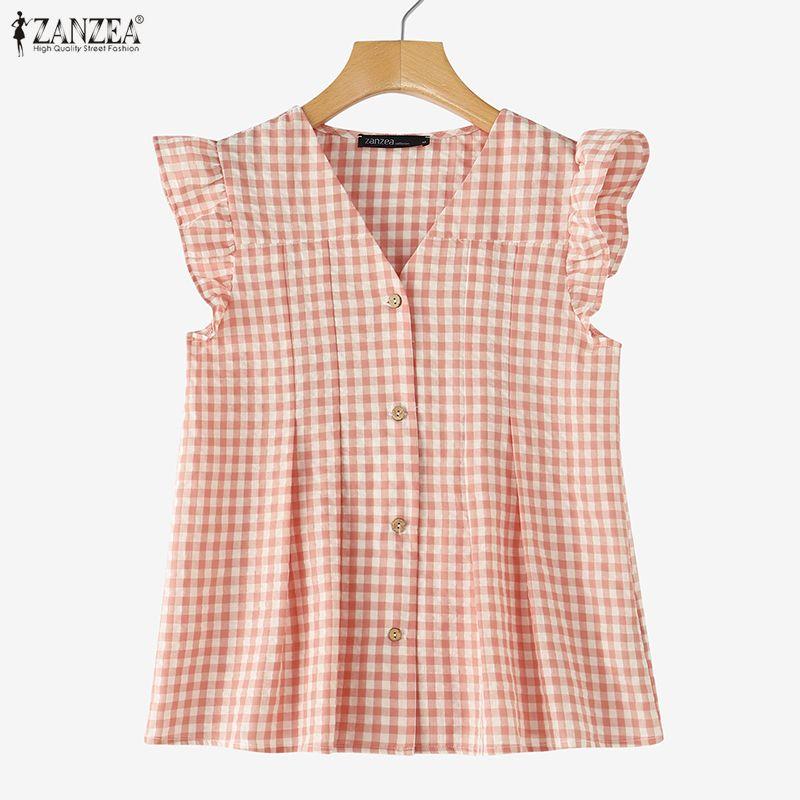 ZANZEA Women Casual V-Neck Ruffles Short Sleeve Plaid Print Blouse