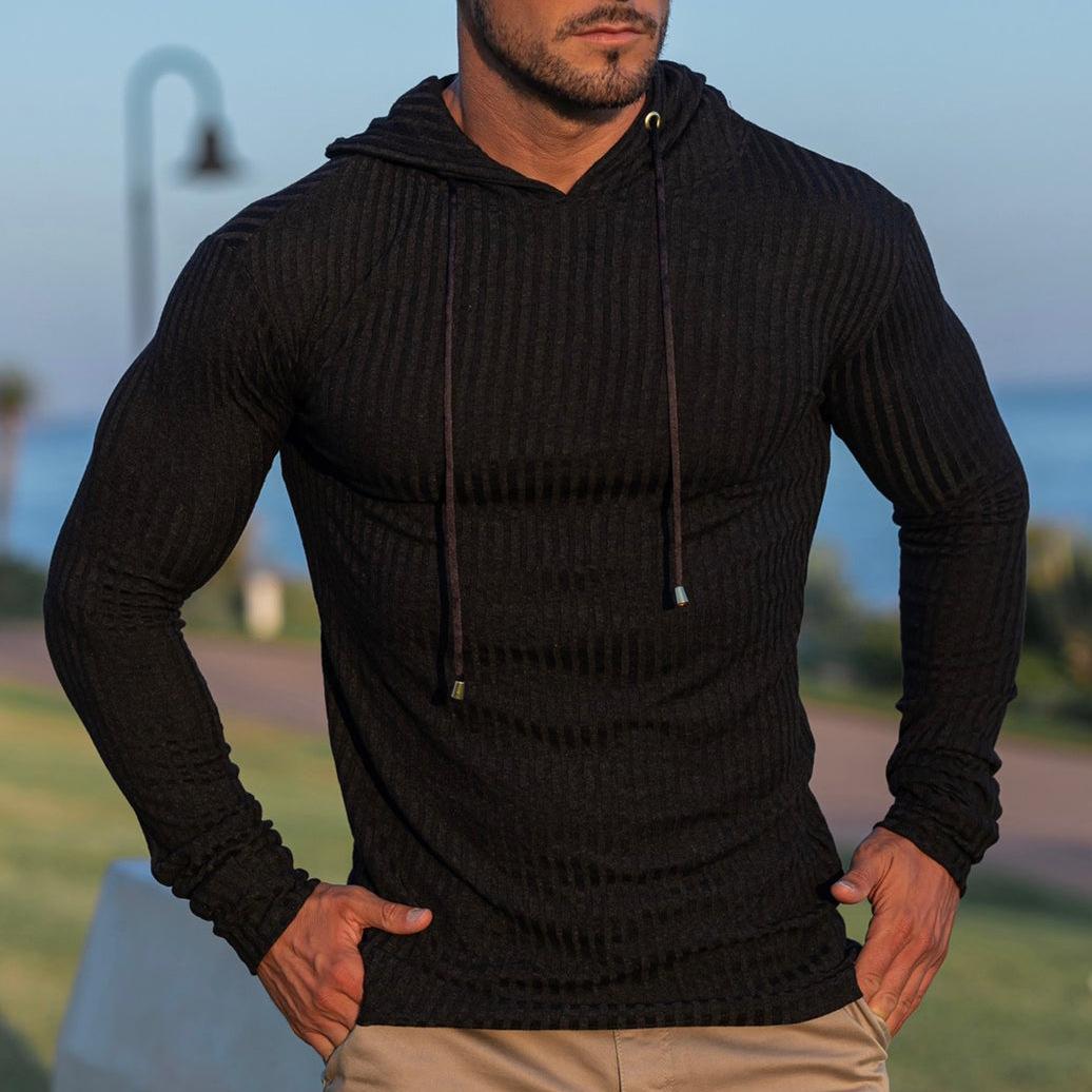 Men s Ribbed Hoodie in Brown, Olive Green, Navy Blue, Light Gray, and Black - Slim Fit Pullover with Hood M