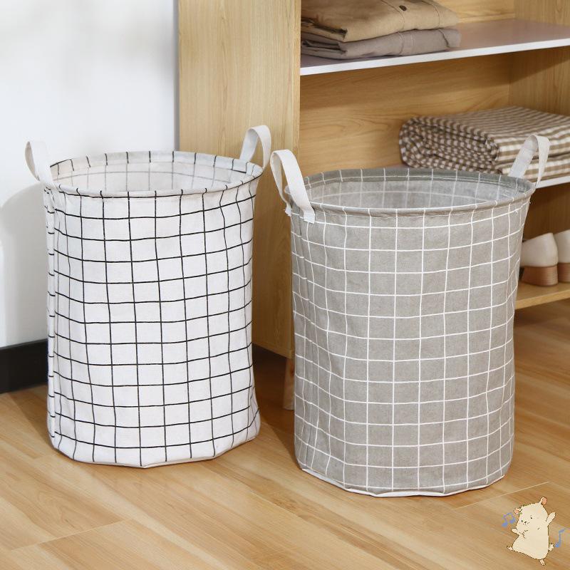 Foldable Cotton Linen Laundry Hamper: Round Waterproof Plaid Storage Bin for Dirty Clothes and Toys