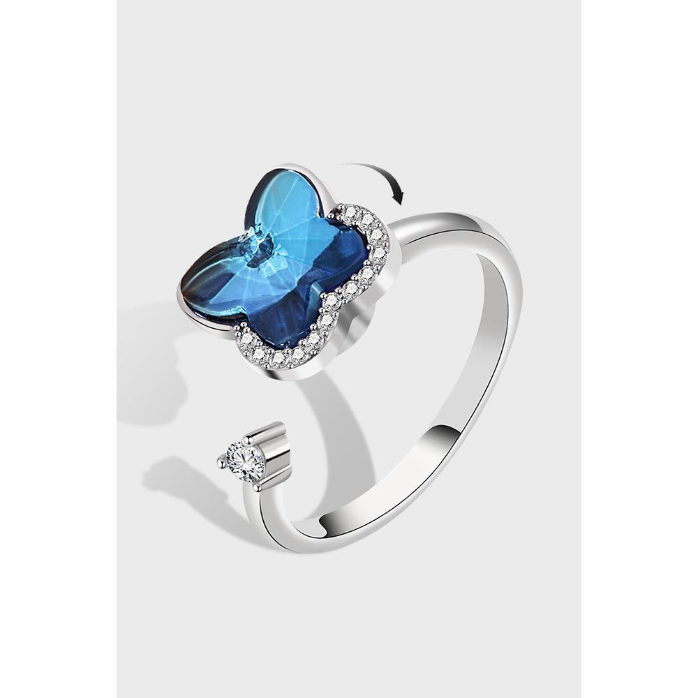 Fidget Spinner Sterling Silver Ring for Women With Rotatable Anxiety and Pressure butterfly Adjustable Opening