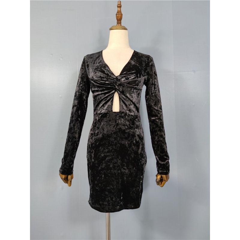 Export Single H Home Sexy V-neck Slim Fit Slim Looking Knot Velvet Autumn New Arrival Long Sleeves Fashion All-Matching Dress Women
