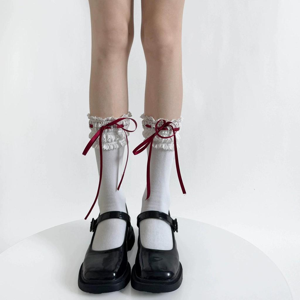 Reine Baumwolle Lolita Breite Spitze Schleife Socken - Frühling Wadenlang Süßer Wunsch Stil