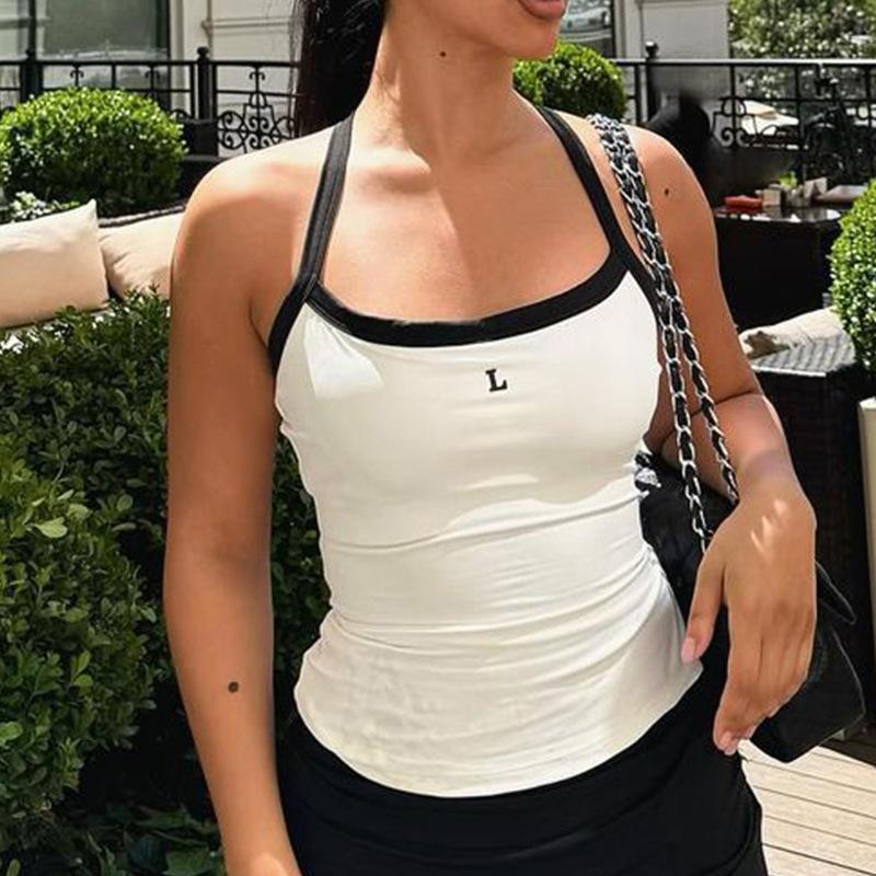 

Vintage Letter Embroidery Tank Top Women Sport Halter Crop Tops Sleeveless Bare Midriff Camisole Female Tube Top Cropped Vest S білий