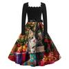 Women's Fashion Retro Long-sleeved Square Collar Christmas Printed Evening Dress