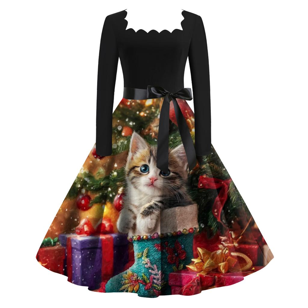 Women's Fashion Retro Long-sleeved Square Collar Christmas Printed Evening Dress