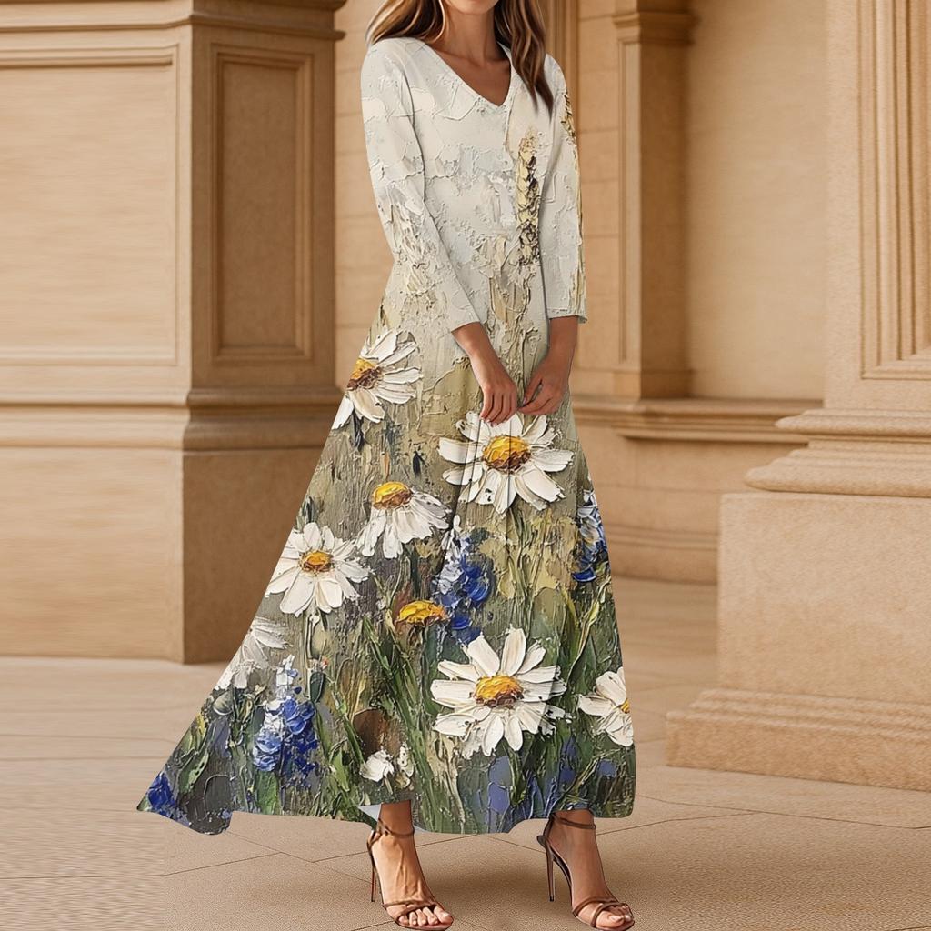 Damen Casual 3/4-Ärmel V-Ausschnitt Blumenmuster Maxi A-Linien Strandkleid