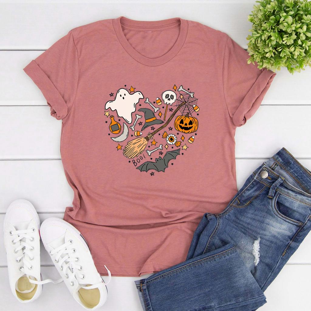 Halloween Doodles Graphic T Shirts Halloween Tshirt Happy Halloween Heart T Shirt Short Sleeve Women Clothing Streetwear Tops