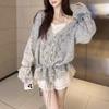 Gentle Fashionable and Comfortable Hollow Crochet V-neck Knitted Sweater Women's Autumn Loose and Thin Drawstring Sweater Jacket