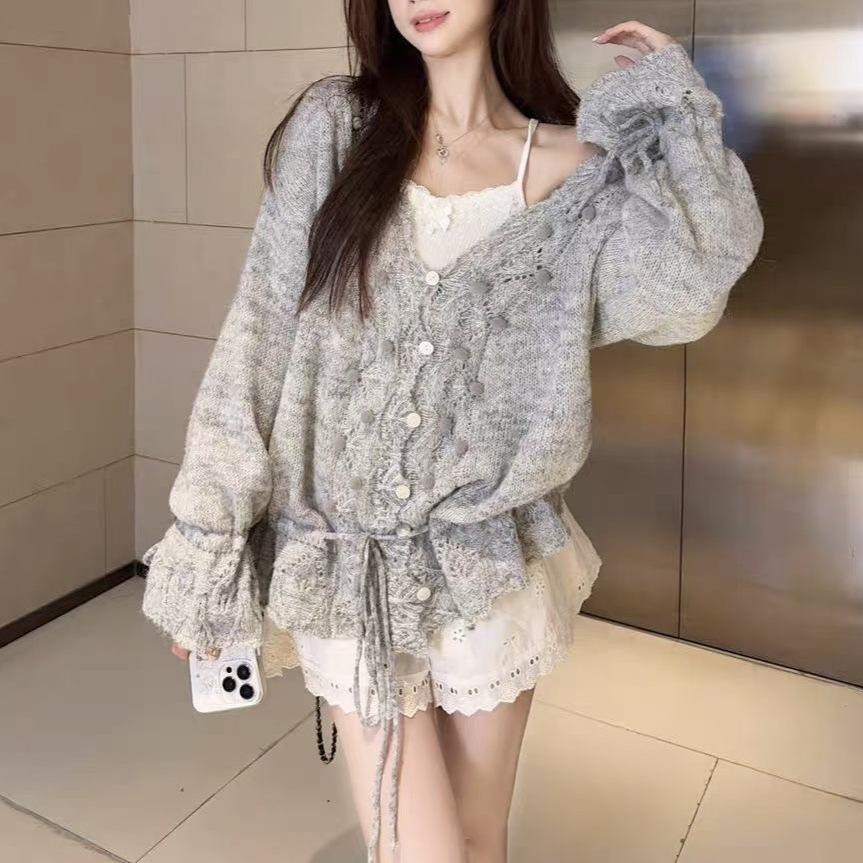 Gentle Fashionable and Comfortable Hollow Crochet V-neck Knitted Sweater Women's Autumn Loose and Thin Drawstring Sweater Jacket